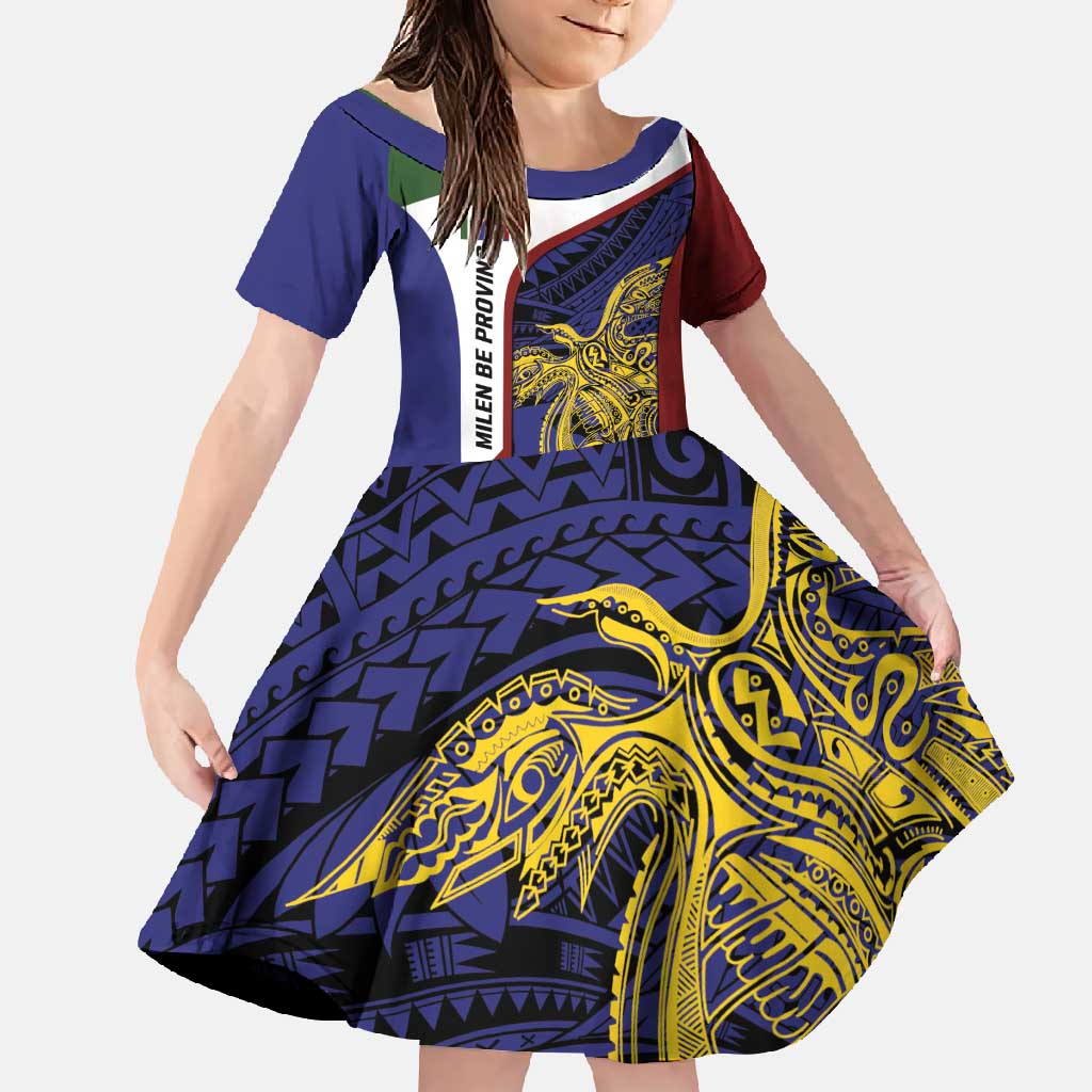 Personalised PNG Milne Bay Province Family Matching Summer Maxi Dress and Hawaiian Shirt Bird of Paradise Tattoo Flag Motif LT9 Daughter's Dress Blue - Polynesian Pride