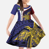Personalised PNG Milne Bay Province Family Matching Summer Maxi Dress and Hawaiian Shirt Bird of Paradise Tattoo Flag Motif LT9 Daughter's Dress Blue - Polynesian Pride