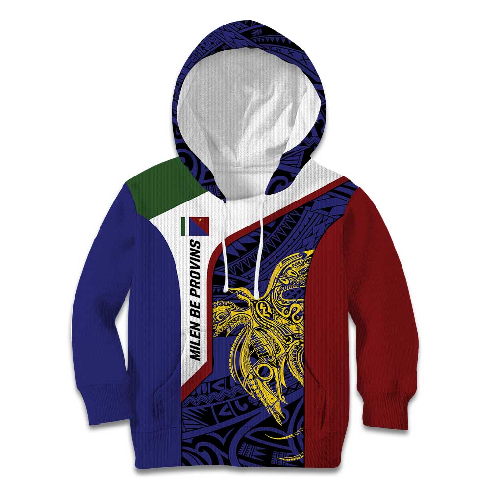 Personalised PNG Milne Bay Province Kid Hoodie Bird of Paradise Tattoo Flag Motif LT9 Hoodie Blue - Polynesian Pride