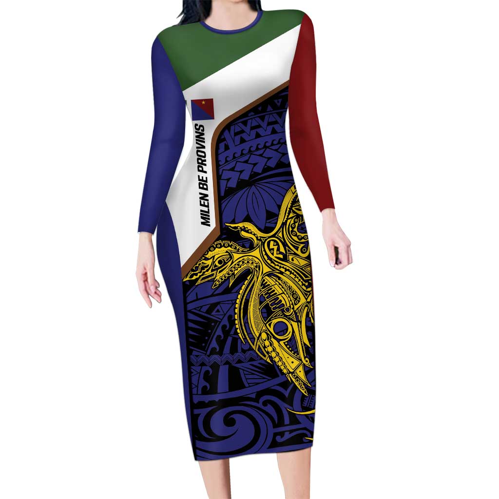 Personalised PNG Milne Bay Province Long Sleeve Bodycon Dress Bird of Paradise Tattoo Flag Motif LT9 Long Dress Blue - Polynesian Pride