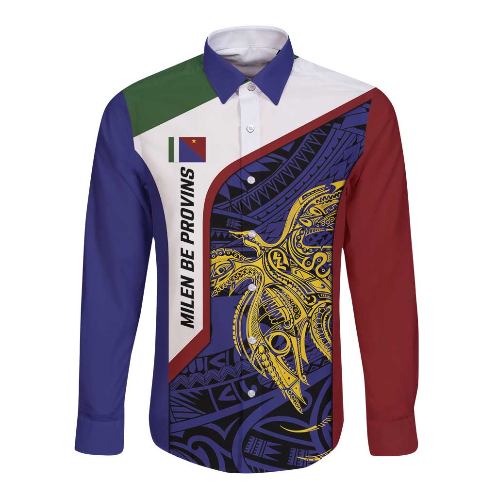 Personalised PNG Milne Bay Province Long Sleeve Button Shirt Bird of Paradise Tattoo Flag Motif LT9 Unisex Blue - Polynesian Pride