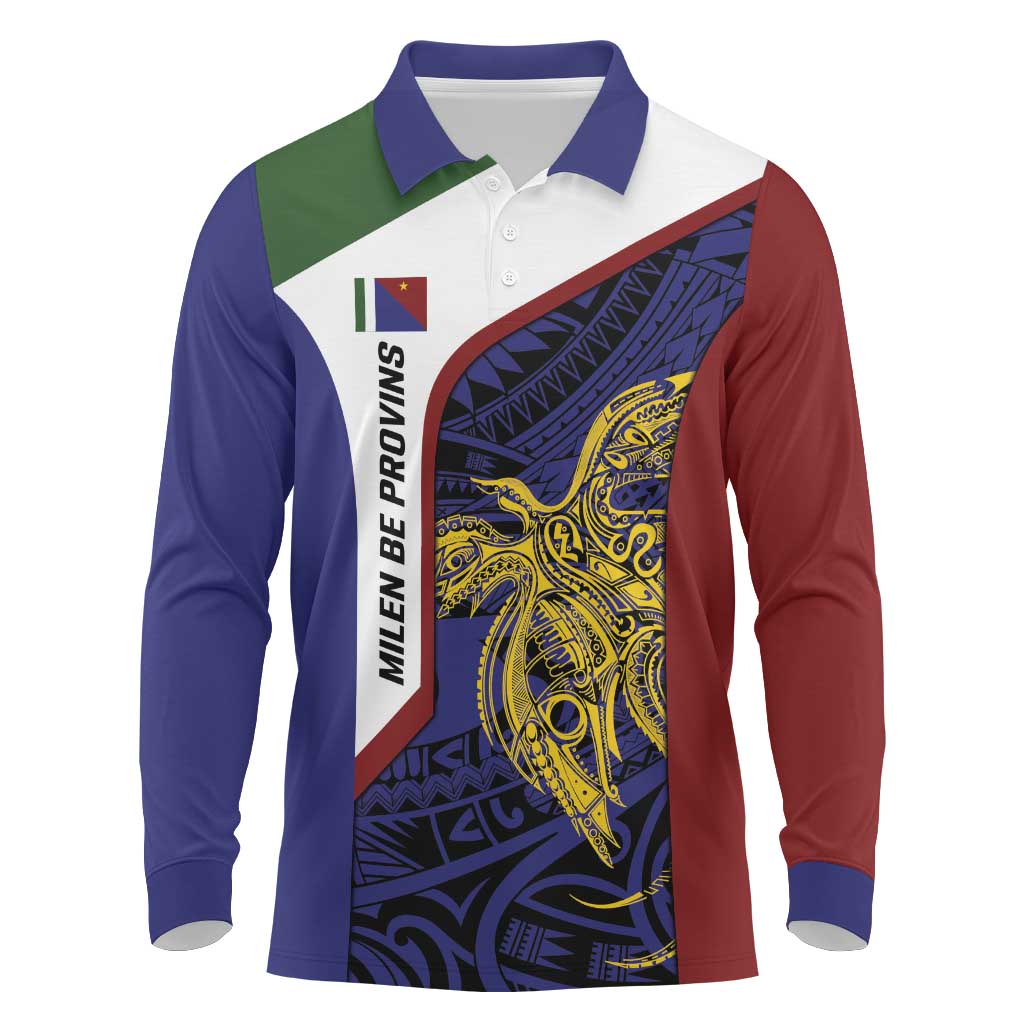 Personalised PNG Milne Bay Province Long Sleeve Polo Shirt Bird of Paradise Tattoo Flag Motif LT9 Blue - Polynesian Pride