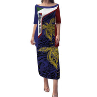 Personalised PNG Milne Bay Province Puletasi Bird of Paradise Tattoo Flag Motif LT9 Long Dress Blue - Polynesian Pride