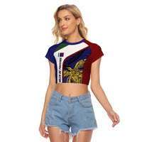 Personalised PNG Milne Bay Province Raglan Cropped T Shirt Bird of Paradise Tattoo Flag Motif LT9 Female Blue - Polynesian Pride