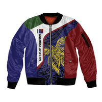 Personalised PNG Milne Bay Province Sleeve Zip Bomber Jacket Bird of Paradise Tattoo Flag Motif LT9 Unisex Blue - Polynesian Pride