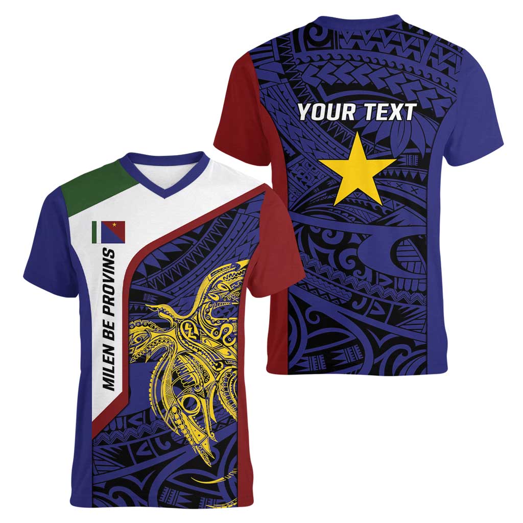 Personalised PNG Milne Bay Province Women V-Neck T-Shirt Bird of Paradise Tattoo Flag Motif LT9 - Polynesian Pride
