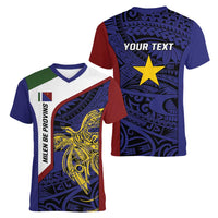 Personalised PNG Milne Bay Province Women V-Neck T-Shirt Bird of Paradise Tattoo Flag Motif LT9 - Polynesian Pride