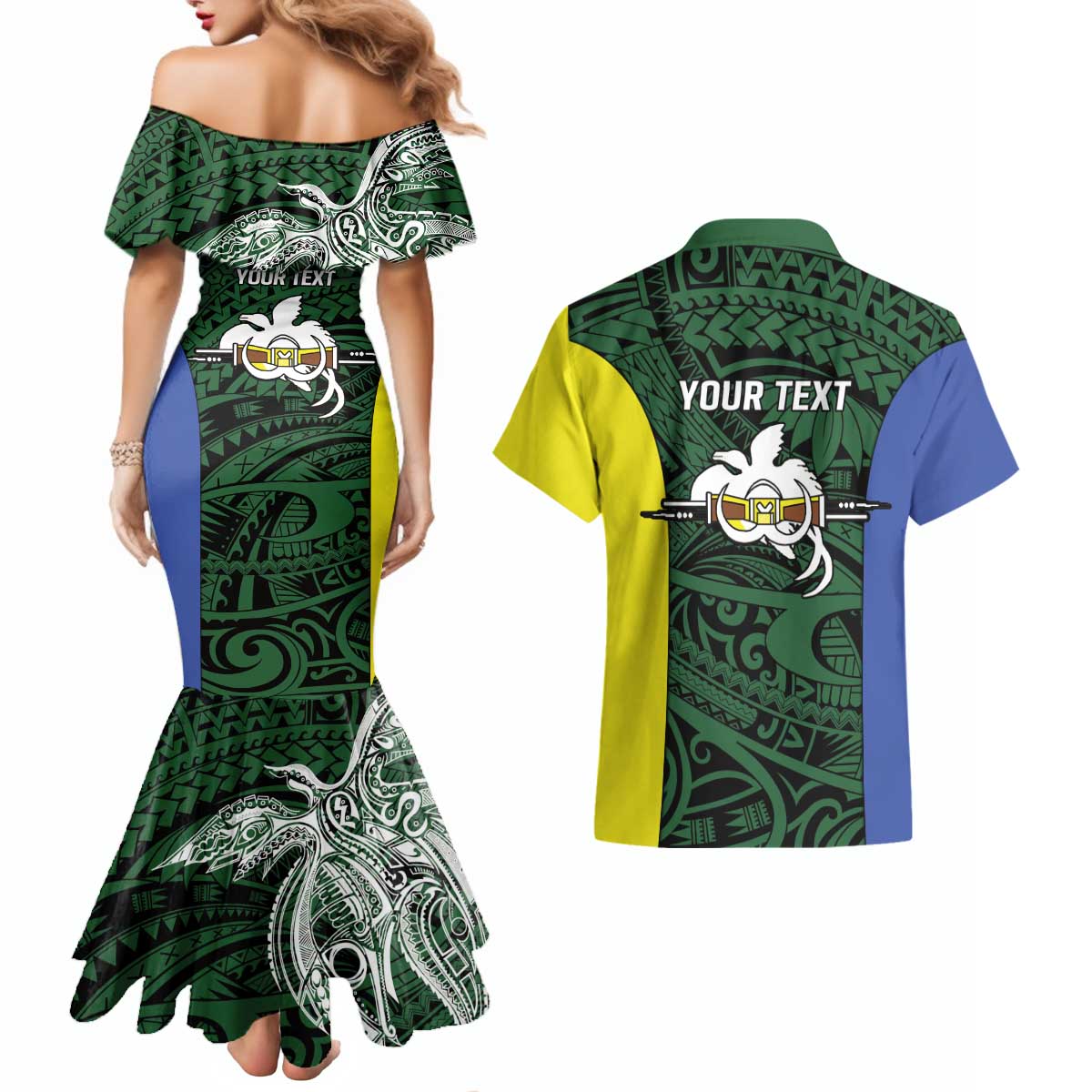 Personalised PNG Morobe Province Couples Matching Mermaid Dress and Hawaiian Shirt Bird of Paradise Tattoo Flag Motif LT9 - Polynesian Pride