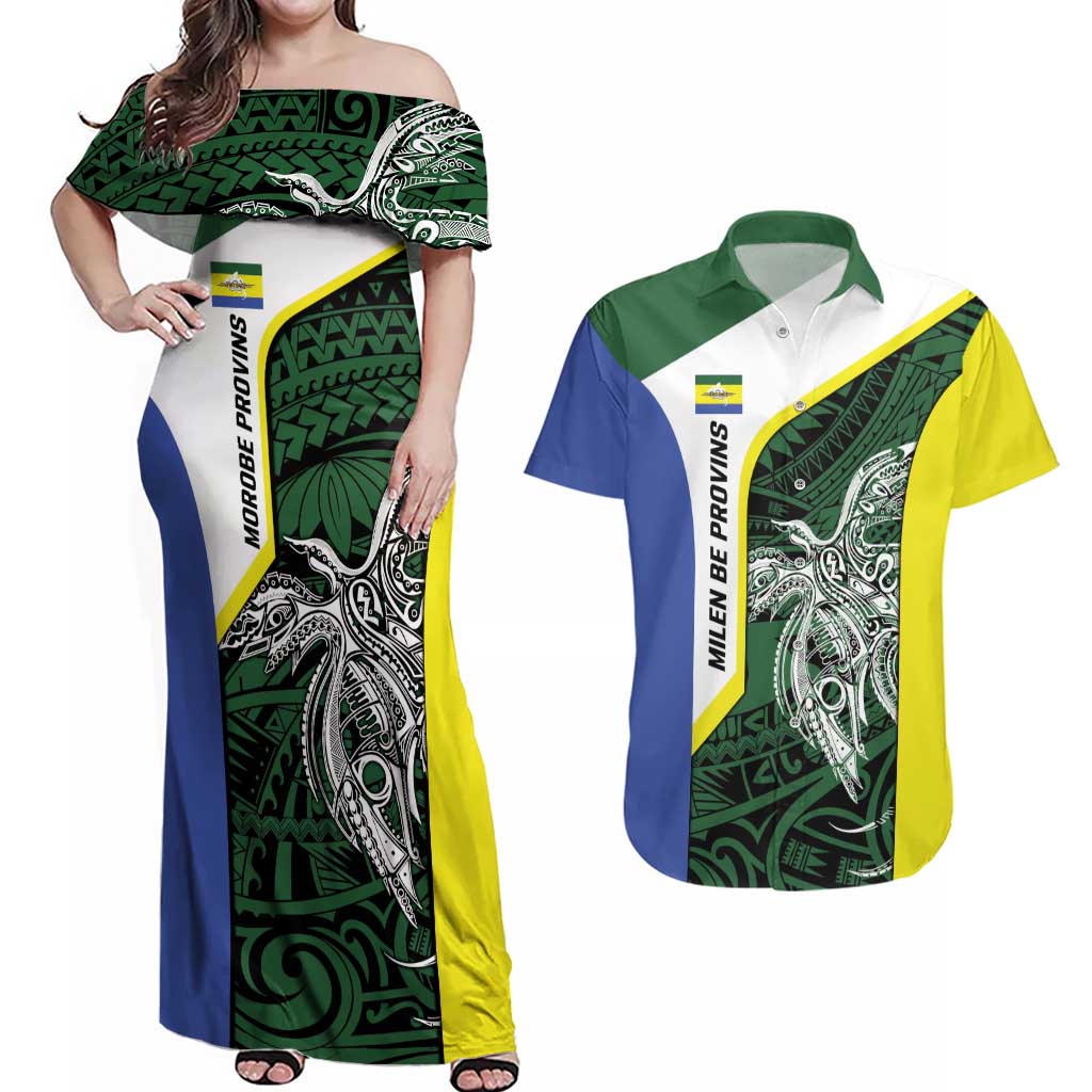 Personalised PNG Morobe Province Couples Matching Off Shoulder Maxi Dress and Hawaiian Shirt Bird of Paradise Tattoo Flag Motif LT9 Green - Polynesian Pride