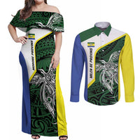 Personalised PNG Morobe Province Couples Matching Off Shoulder Maxi Dress and Long Sleeve Button Shirt Bird of Paradise Tattoo Flag Motif LT9 Green - Polynesian Pride