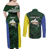 Personalised PNG Morobe Province Couples Matching Off Shoulder Maxi Dress and Long Sleeve Button Shirt Bird of Paradise Tattoo Flag Motif LT9 - Polynesian Pride