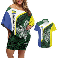 Personalised PNG Morobe Province Couples Matching Off Shoulder Short Dress and Hawaiian Shirt Bird of Paradise Tattoo Flag Motif LT9 Green - Polynesian Pride