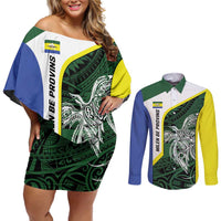 Personalised PNG Morobe Province Couples Matching Off Shoulder Short Dress and Long Sleeve Button Shirt Bird of Paradise Tattoo Flag Motif LT9 Green - Polynesian Pride