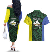 Personalised PNG Morobe Province Couples Matching Off The Shoulder Long Sleeve Dress and Hawaiian Shirt Bird of Paradise Tattoo Flag Motif LT9 - Polynesian Pride
