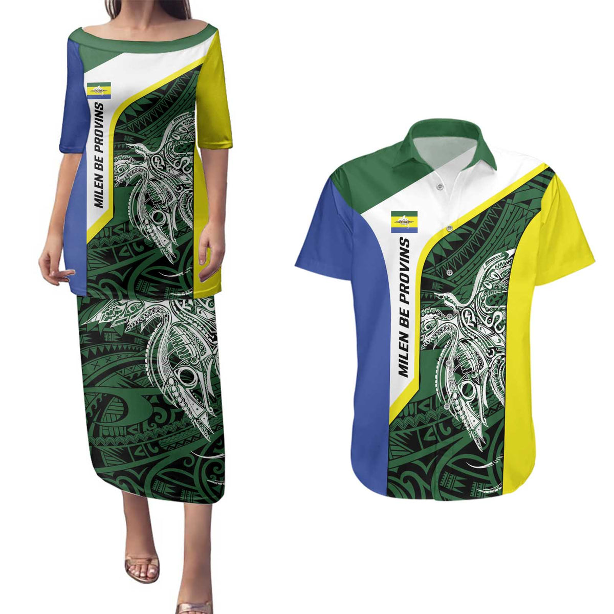 Personalised PNG Morobe Province Couples Matching Puletasi and Hawaiian Shirt Bird of Paradise Tattoo Flag Motif LT9 Green - Polynesian Pride