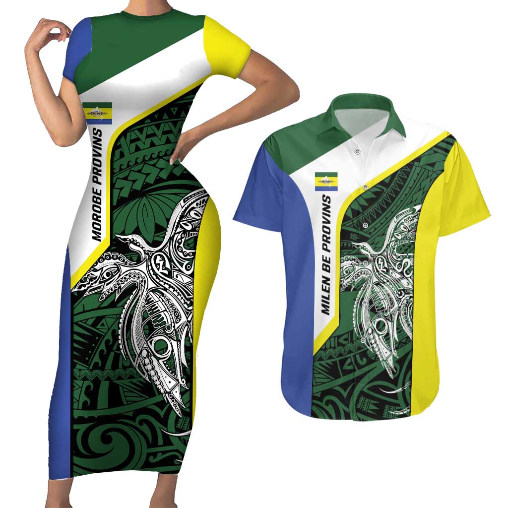 Personalised PNG Morobe Province Couples Matching Short Sleeve Bodycon Dress and Hawaiian Shirt Bird of Paradise Tattoo Flag Motif LT9 Green - Polynesian Pride