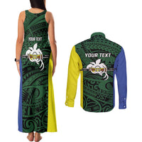 Personalised PNG Morobe Province Couples Matching Tank Maxi Dress and Long Sleeve Button Shirt Bird of Paradise Tattoo Flag Motif LT9 - Polynesian Pride