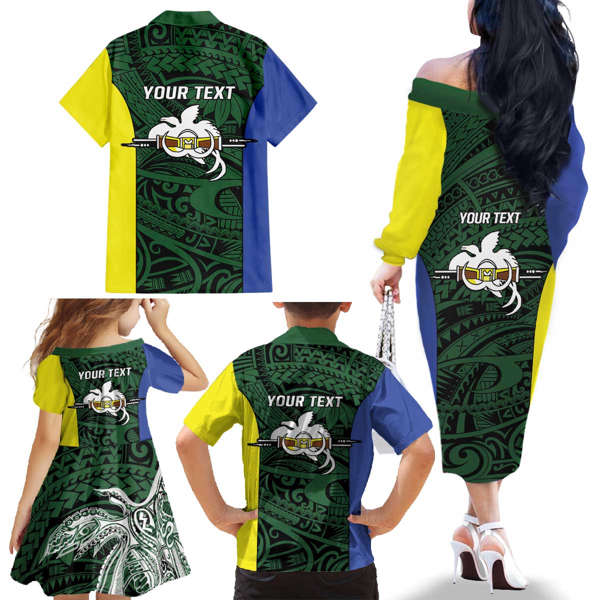 Personalised PNG Morobe Province Family Matching Off The Shoulder Long Sleeve Dress and Hawaiian Shirt Bird of Paradise Tattoo Flag Motif LT9 - Polynesian Pride