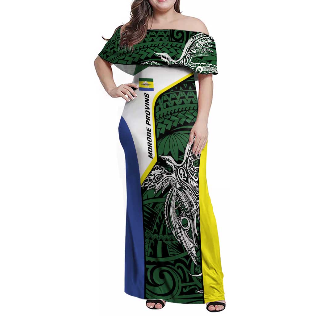 Personalised PNG Morobe Province Family Matching Off Shoulder Maxi Dress and Hawaiian Shirt Bird of Paradise Tattoo Flag Motif LT9 Mom's Dress Green - Polynesian Pride