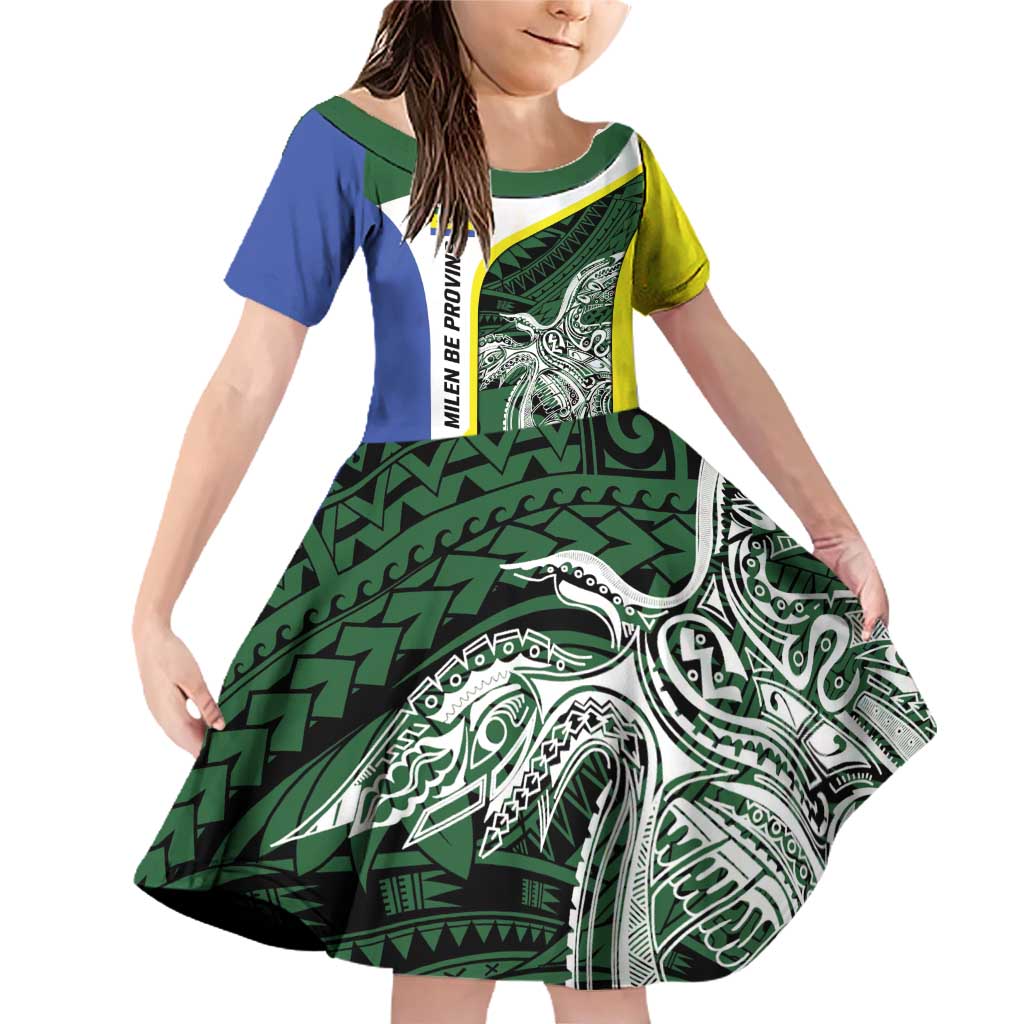 Personalised PNG Morobe Province Family Matching Off Shoulder Short Dress and Hawaiian Shirt Bird of Paradise Tattoo Flag Motif LT9 Daughter's Dress Green - Polynesian Pride