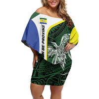 Personalised PNG Morobe Province Family Matching Off Shoulder Short Dress and Hawaiian Shirt Bird of Paradise Tattoo Flag Motif LT9 Mom's Dress Green - Polynesian Pride