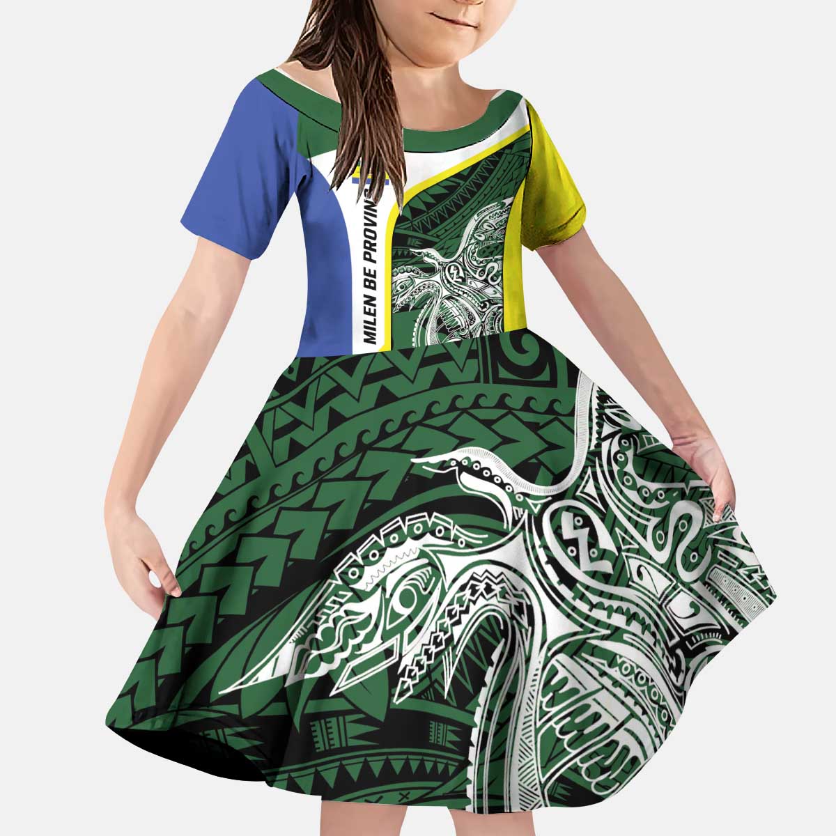 Personalised PNG Morobe Province Kid Short Sleeve Dress Bird of Paradise Tattoo Flag Motif LT9 KID Green - Polynesian Pride