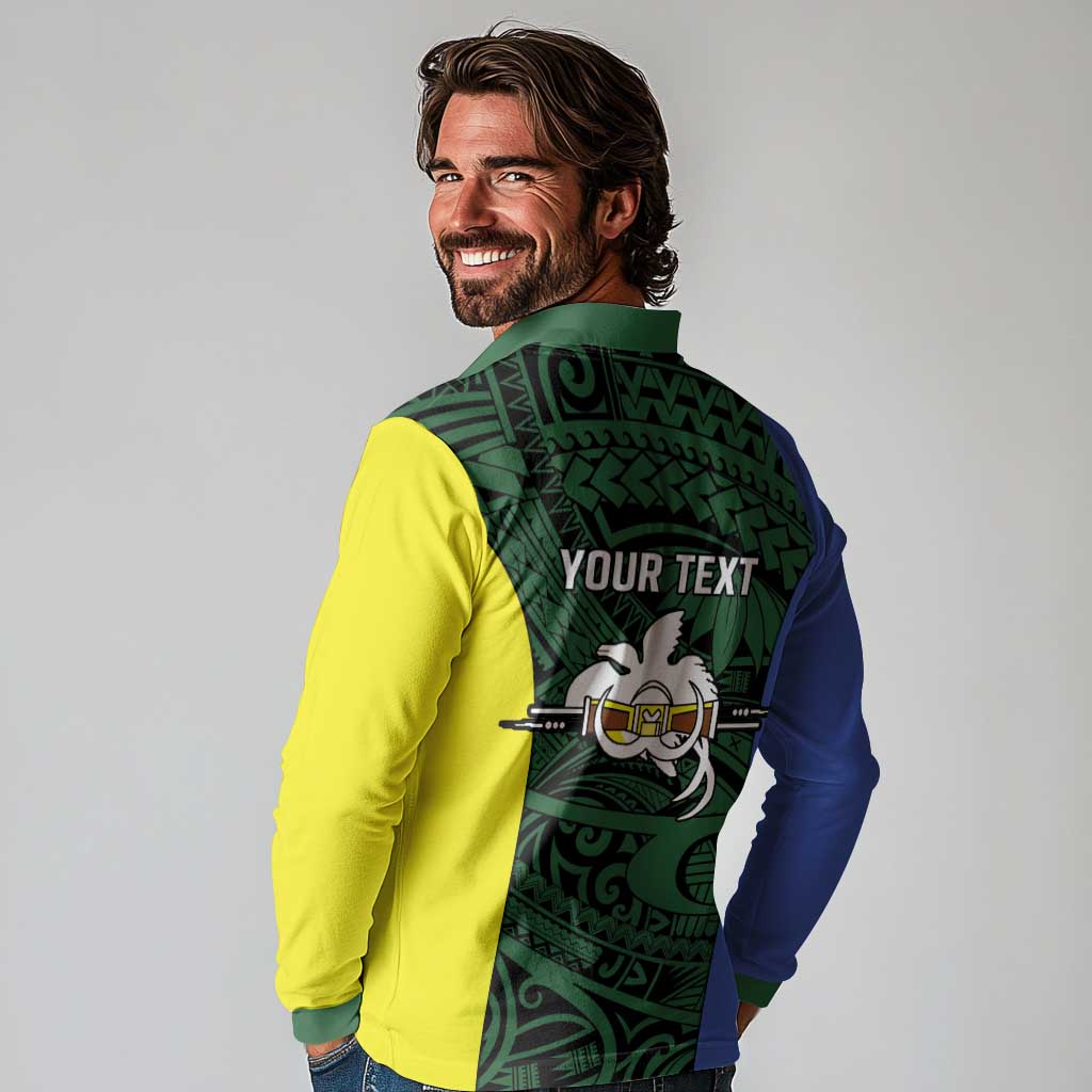Personalised PNG Morobe Province Long Sleeve Polo Shirt Bird of Paradise Tattoo Flag Motif LT9 - Polynesian Pride