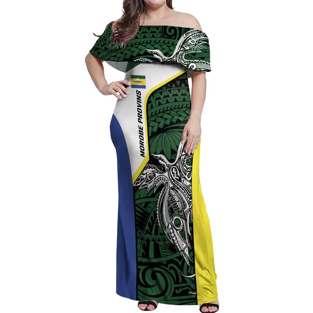 Personalised PNG Morobe Province Off Shoulder Maxi Dress Bird of Paradise Tattoo Flag Motif LT9 Women Green - Polynesian Pride