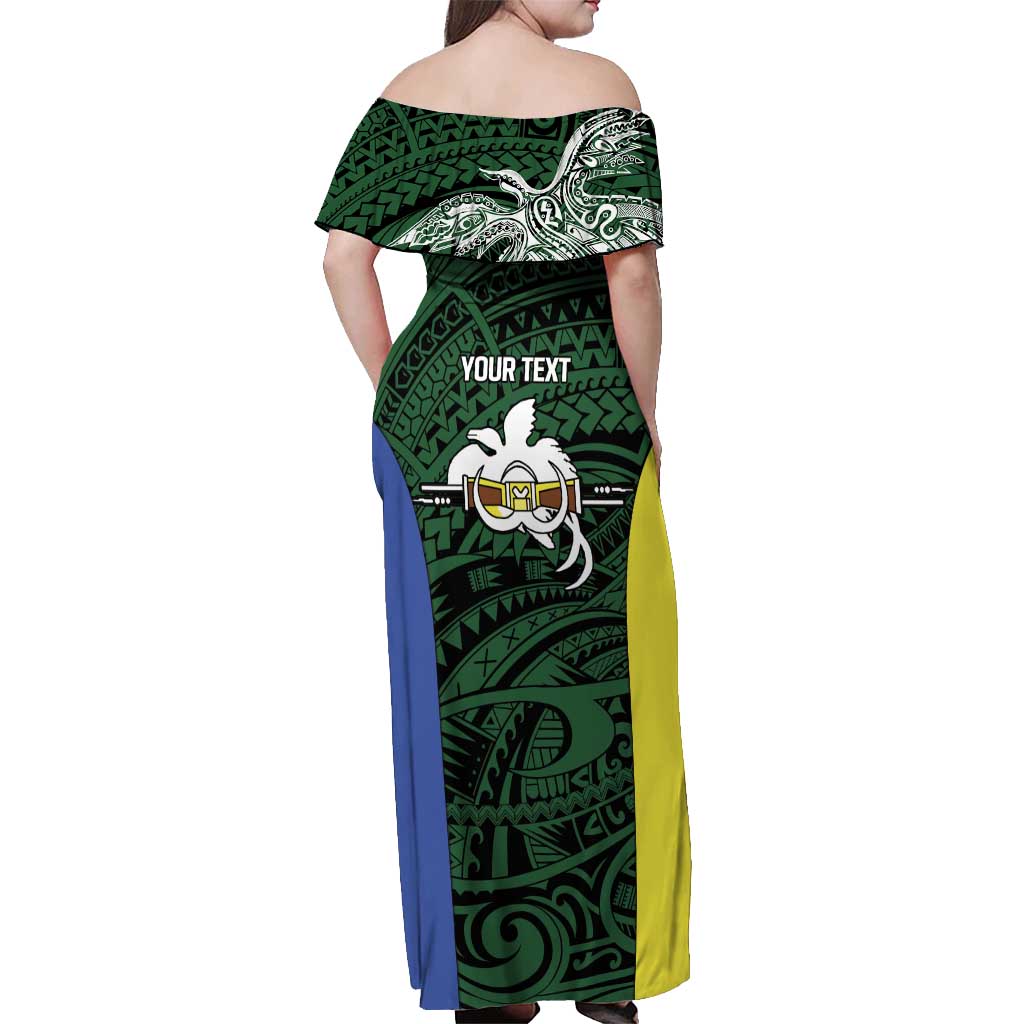 Personalised PNG Morobe Province Off Shoulder Maxi Dress Bird of Paradise Tattoo Flag Motif LT9 - Polynesian Pride