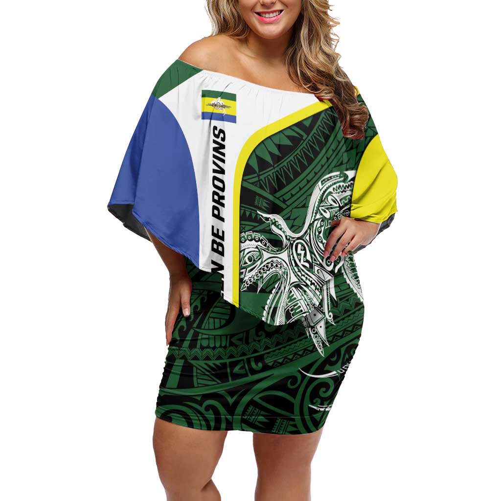 Personalised PNG Morobe Province Off Shoulder Short Dress Bird of Paradise Tattoo Flag Motif LT9 Women Green - Polynesian Pride