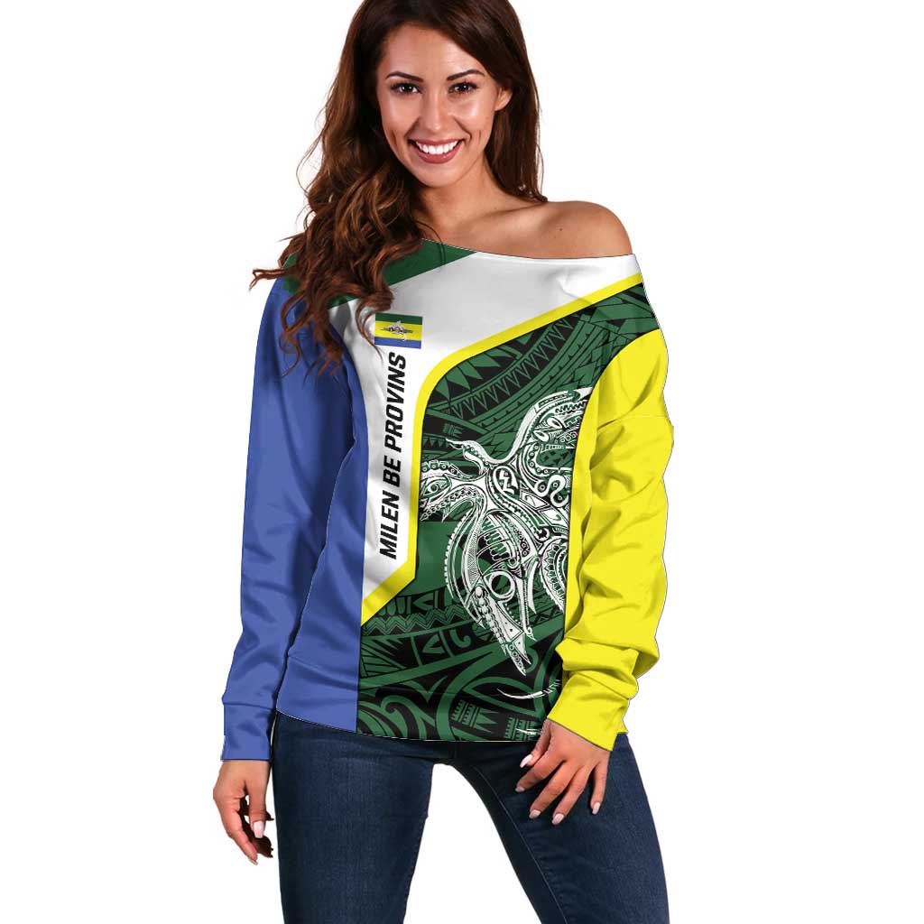 Personalised PNG Morobe Province Off Shoulder Sweater Bird of Paradise Tattoo Flag Motif LT9 Women Green - Polynesian Pride