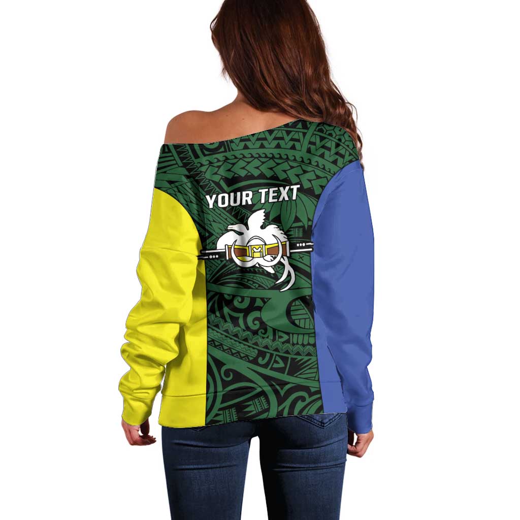 Personalised PNG Morobe Province Off Shoulder Sweater Bird of Paradise Tattoo Flag Motif LT9 - Polynesian Pride