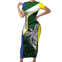 Personalised PNG Morobe Province Short Sleeve Bodycon Dress Bird of Paradise Tattoo Flag Motif LT9 Long Dress Green - Polynesian Pride