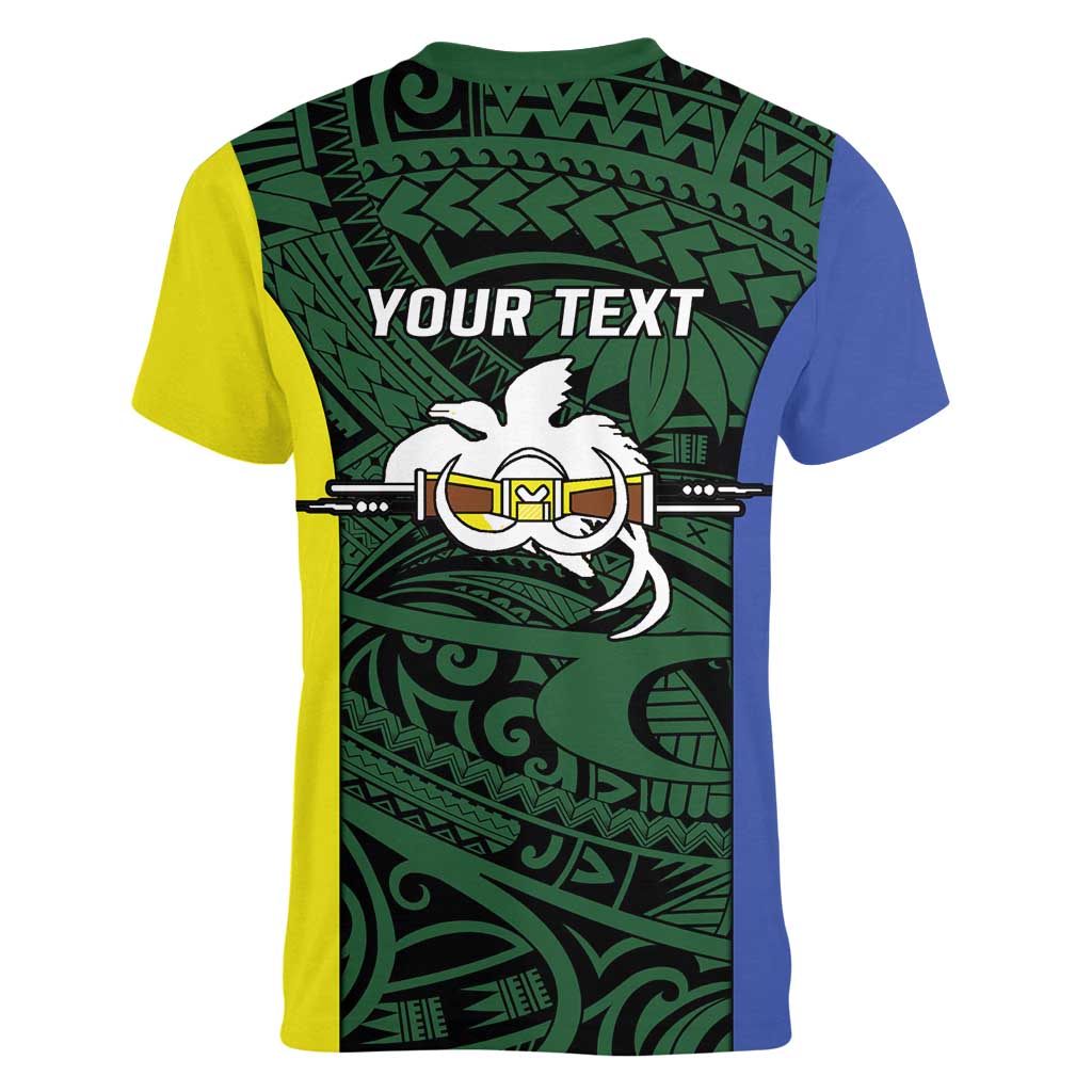 Personalised PNG Morobe Province Women V-Neck T-Shirt Bird of Paradise Tattoo Flag Motif LT9 - Polynesian Pride