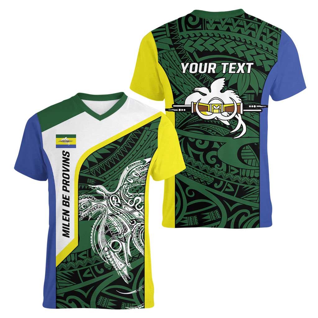 Personalised PNG Morobe Province Women V-Neck T-Shirt Bird of Paradise Tattoo Flag Motif LT9 - Polynesian Pride