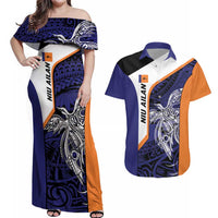 Personalised PNG New Ireland Couples Matching Off Shoulder Maxi Dress and Hawaiian Shirt Bird of Paradise Tattoo Flag Motif LT9 Orange - Polynesian Pride