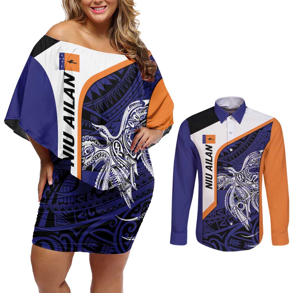 Personalised PNG New Ireland Couples Matching Off Shoulder Short Dress and Long Sleeve Button Shirt Bird of Paradise Tattoo Flag Motif LT9 Orange - Polynesian Pride
