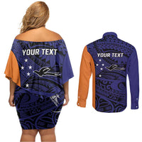 Personalised PNG New Ireland Couples Matching Off Shoulder Short Dress and Long Sleeve Button Shirt Bird of Paradise Tattoo Flag Motif LT9 - Polynesian Pride