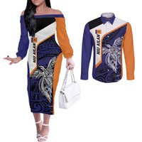 Personalised PNG New Ireland Couples Matching Off The Shoulder Long Sleeve Dress and Long Sleeve Button Shirt Bird of Paradise Tattoo Flag Motif LT9 Orange - Polynesian Pride