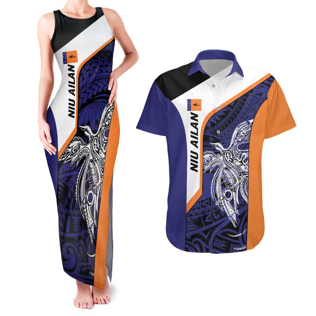 Personalised PNG New Ireland Couples Matching Tank Maxi Dress and Hawaiian Shirt Bird of Paradise Tattoo Flag Motif - Polynesian Pride