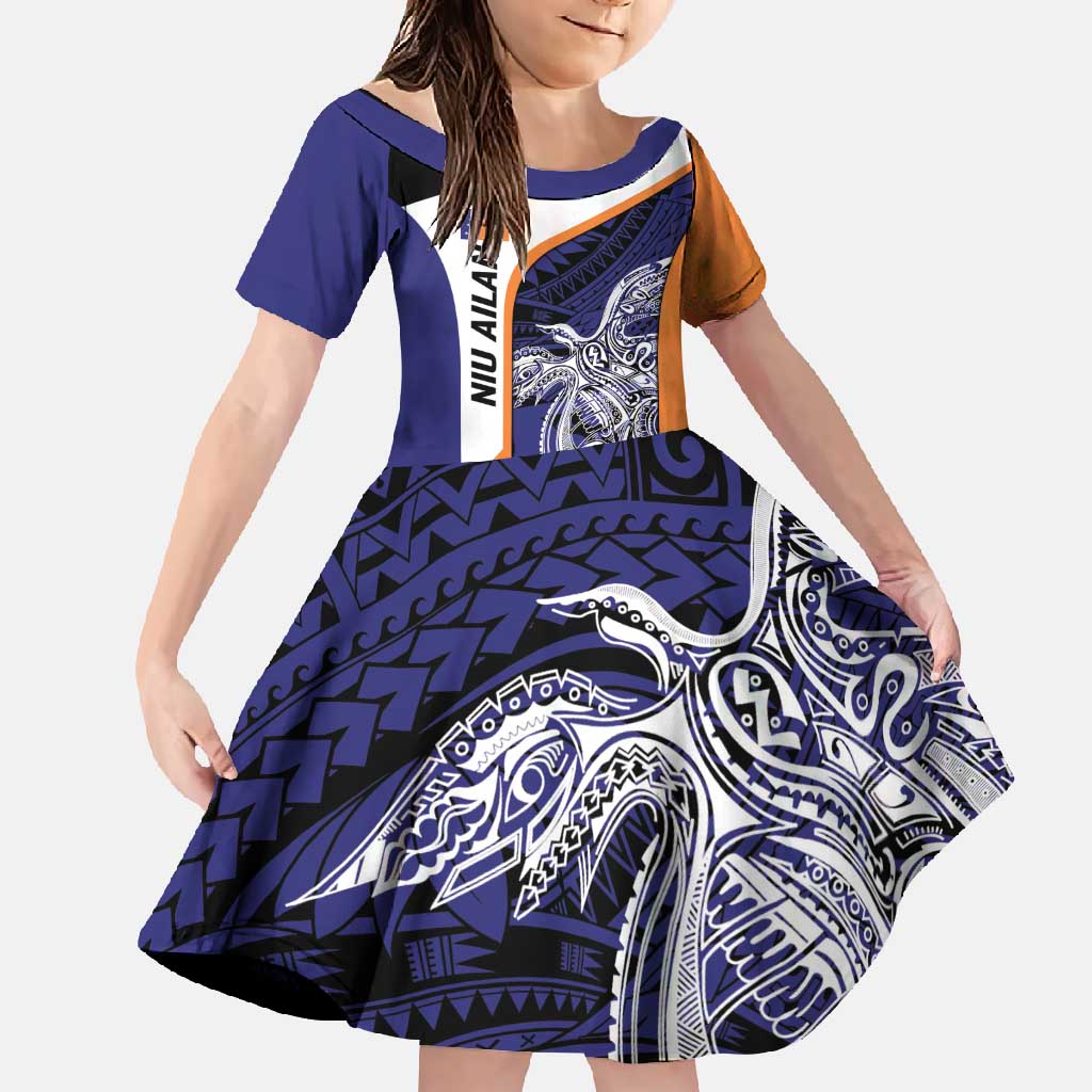 Personalised PNG New Ireland Family Matching Mermaid Dress and Hawaiian Shirt Bird of Paradise Tattoo Flag Motif LT9 Daughter's Dress Orange - Polynesian Pride