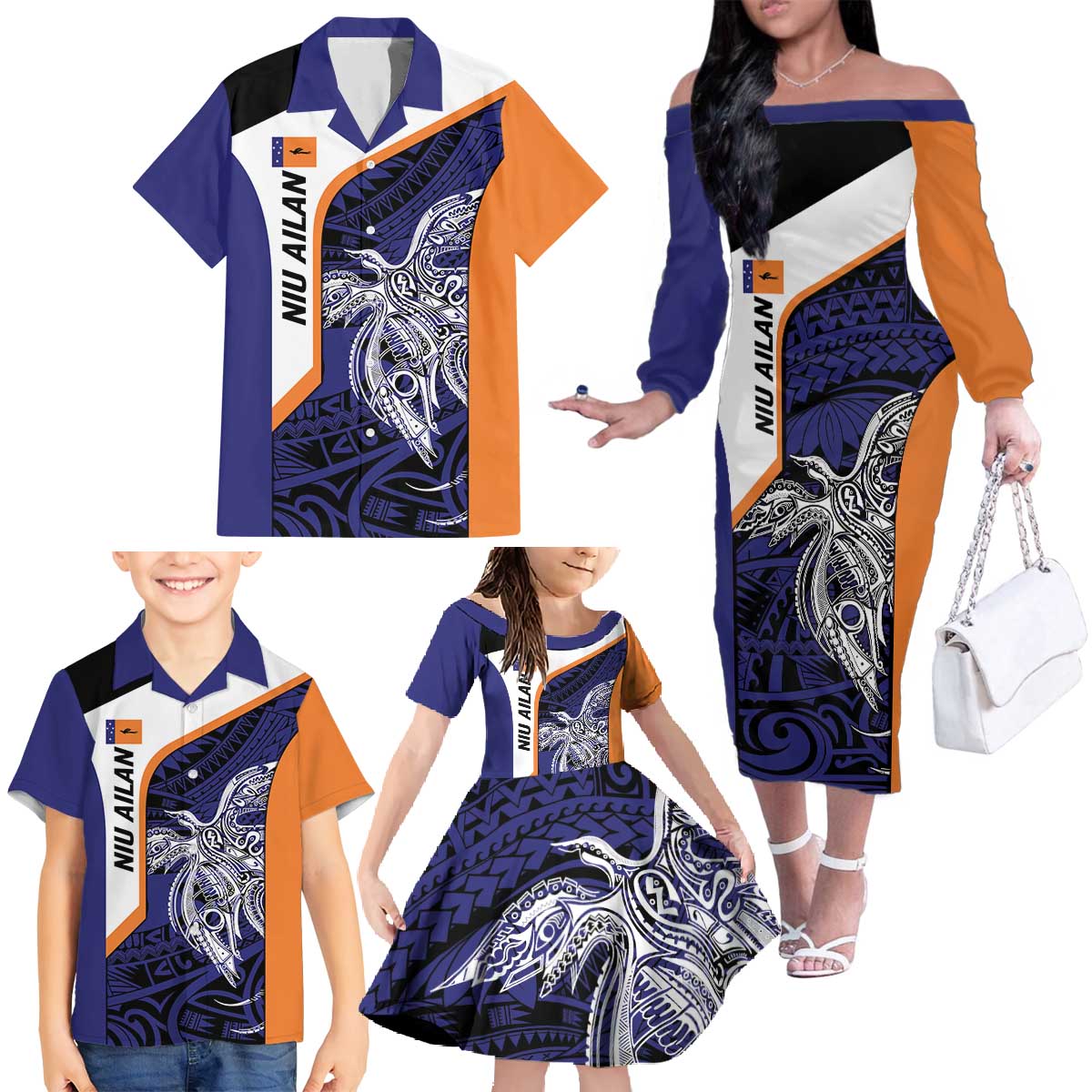 Personalised PNG New Ireland Family Matching Off The Shoulder Long Sleeve Dress and Hawaiian Shirt Bird of Paradise Tattoo Flag Motif LT9 - Polynesian Pride
