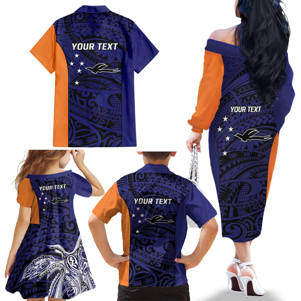 Personalised PNG New Ireland Family Matching Off The Shoulder Long Sleeve Dress and Hawaiian Shirt Bird of Paradise Tattoo Flag Motif LT9 - Polynesian Pride