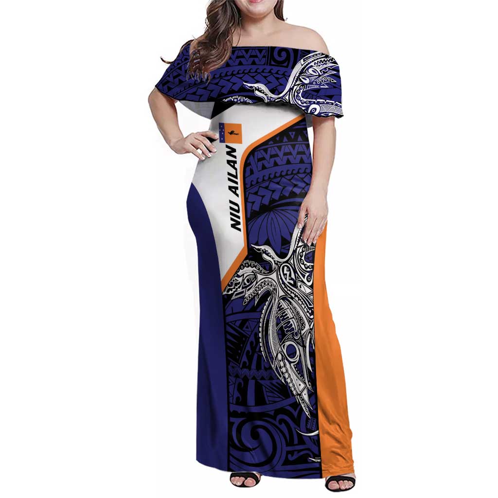 Personalised PNG New Ireland Family Matching Off Shoulder Maxi Dress and Hawaiian Shirt Bird of Paradise Tattoo Flag Motif LT9 Mom's Dress Orange - Polynesian Pride