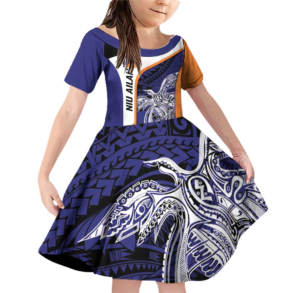 Personalised PNG New Ireland Family Matching Off Shoulder Short Dress and Hawaiian Shirt Bird of Paradise Tattoo Flag Motif LT9 Daughter's Dress Orange - Polynesian Pride