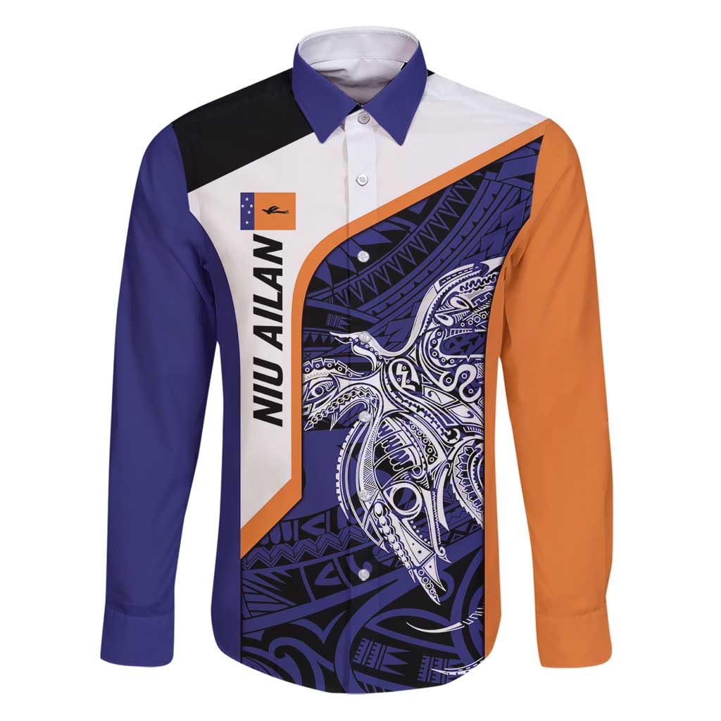 Personalised PNG New Ireland Family Matching Puletasi and Hawaiian Shirt Bird of Paradise Tattoo Flag Motif LT9 Dad's Shirt - Long Sleeve Orange - Polynesian Pride