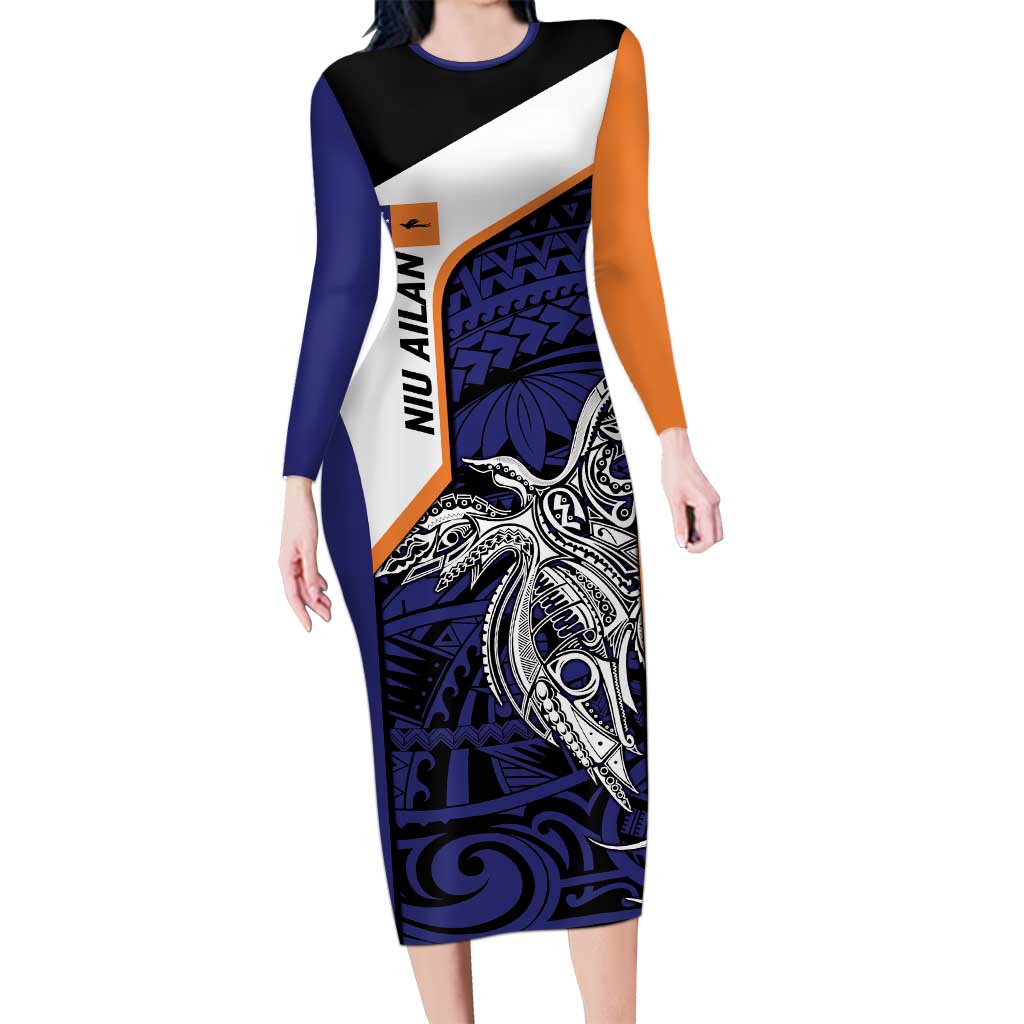 Personalised PNG New Ireland Long Sleeve Bodycon Dress Bird of Paradise Tattoo Flag Motif LT9 Long Dress Orange - Polynesian Pride
