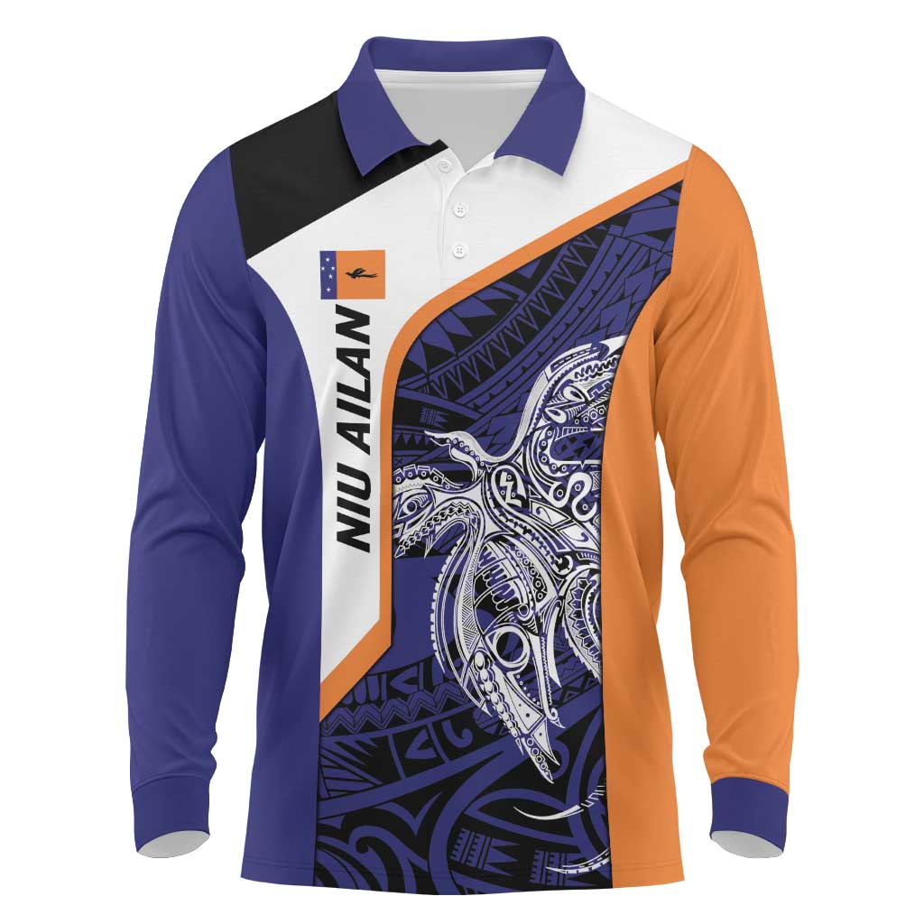 Personalised PNG New Ireland Long Sleeve Polo Shirt Bird of Paradise Tattoo Flag Motif LT9 Orange - Polynesian Pride