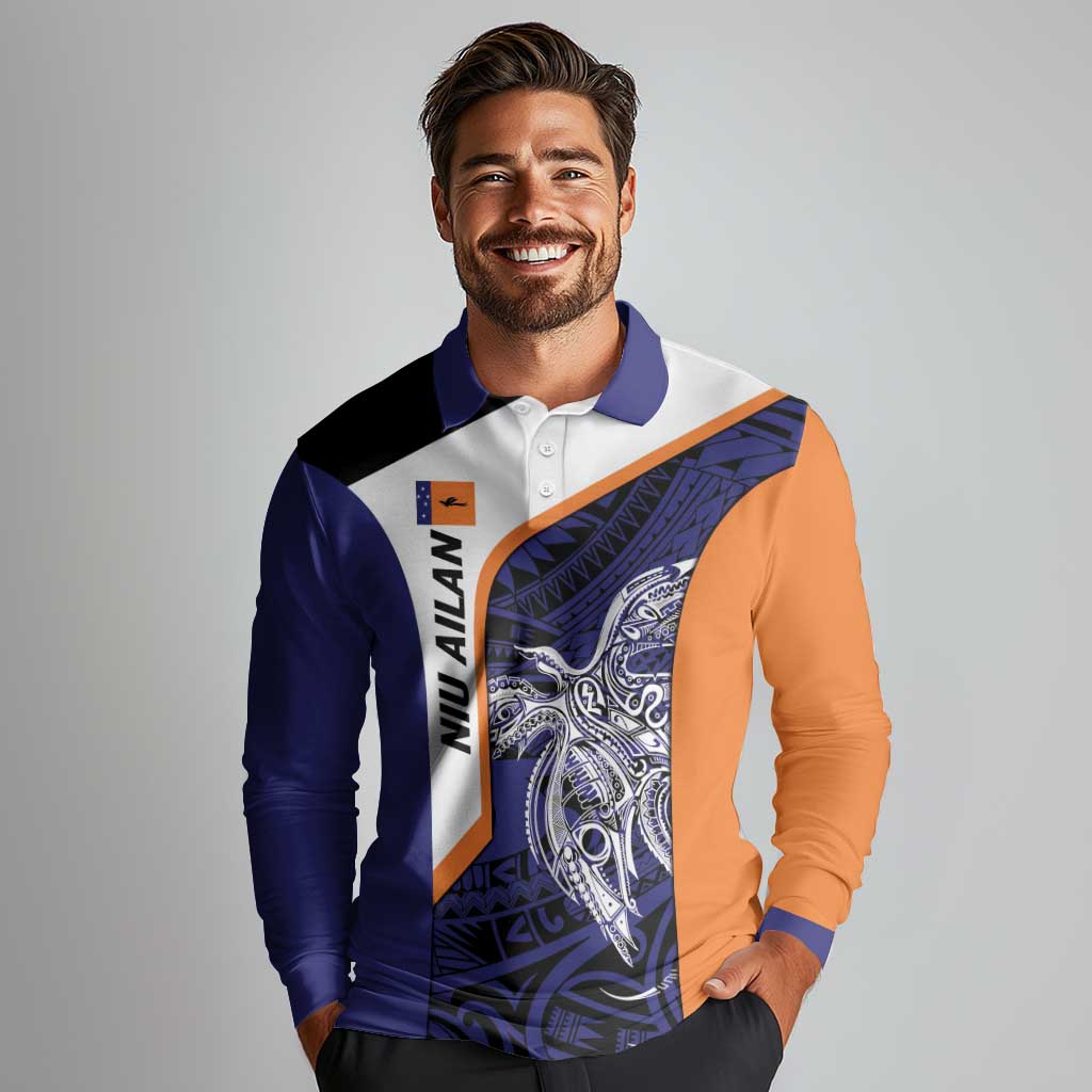 Personalised PNG New Ireland Long Sleeve Polo Shirt Bird of Paradise Tattoo Flag Motif LT9 - Polynesian Pride