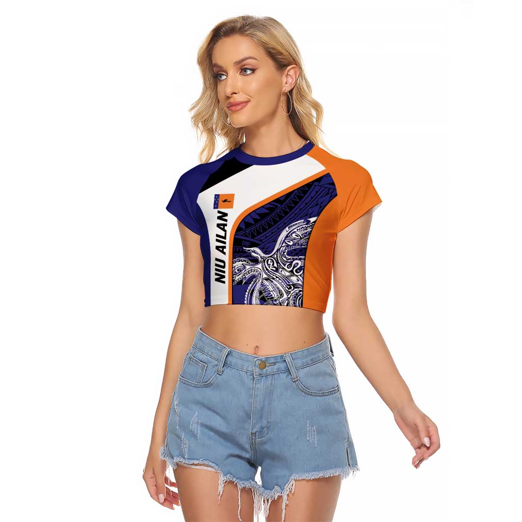 Personalised PNG New Ireland Raglan Cropped T Shirt Bird of Paradise Tattoo Flag Motif LT9 Female Orange - Polynesian Pride